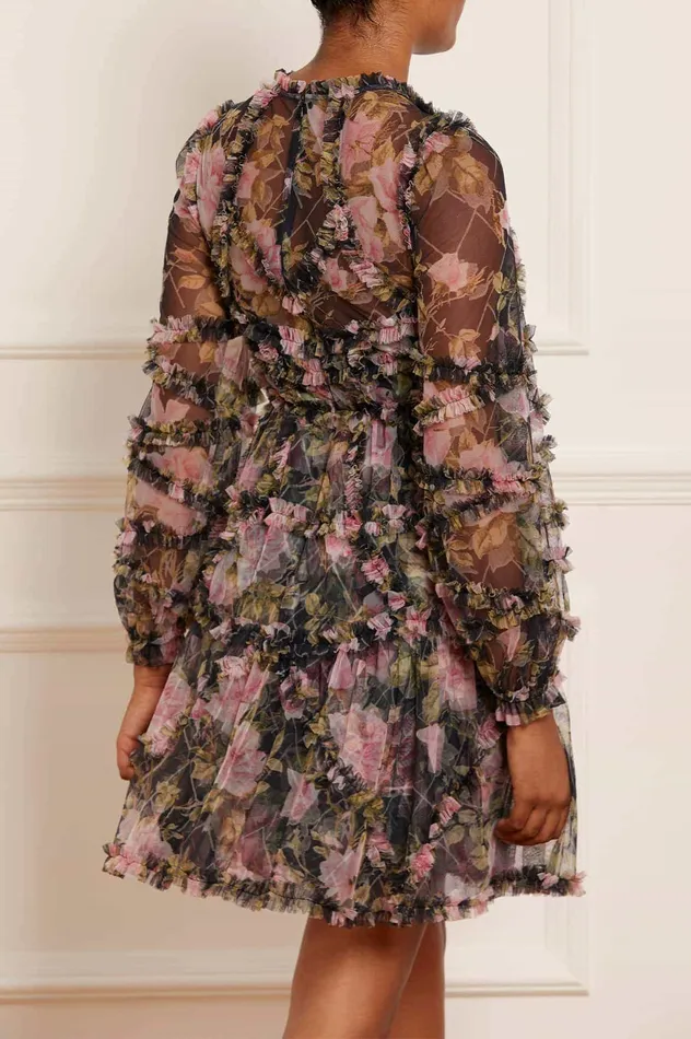 Needle and Thread English Rose Diamond Ruffle Mini Dress Black Women Printed Dresses