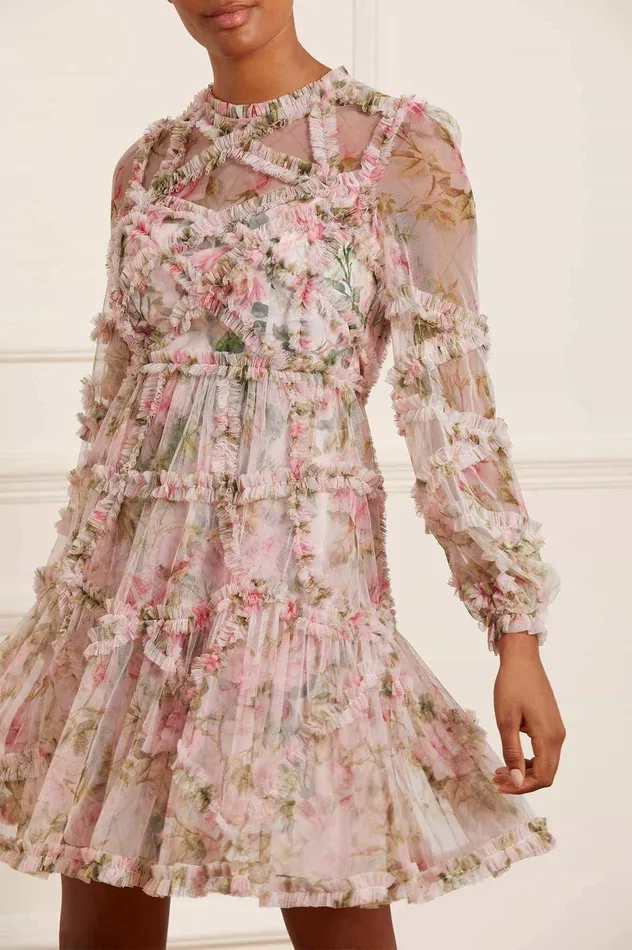 Needle and Thread English Rose Diamond Ruffle Mini Dress Pink Women Printed Dresses Needle and Thread English Rose Diamond Ruffle Mini Dress Pink Women Printed Dresses