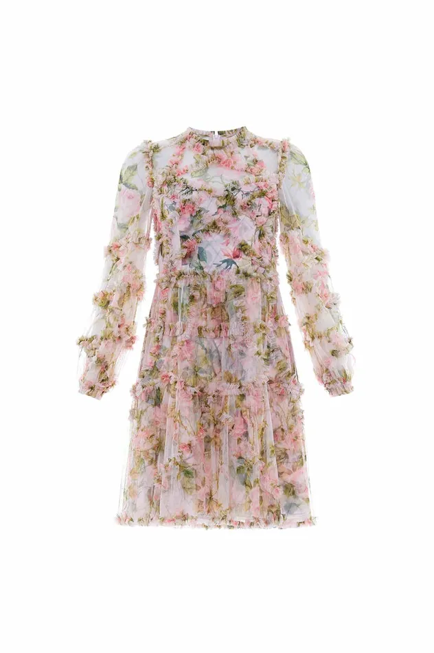 Needle and Thread English Rose Diamond Ruffle Mini Dress Pink Women Printed Dresses