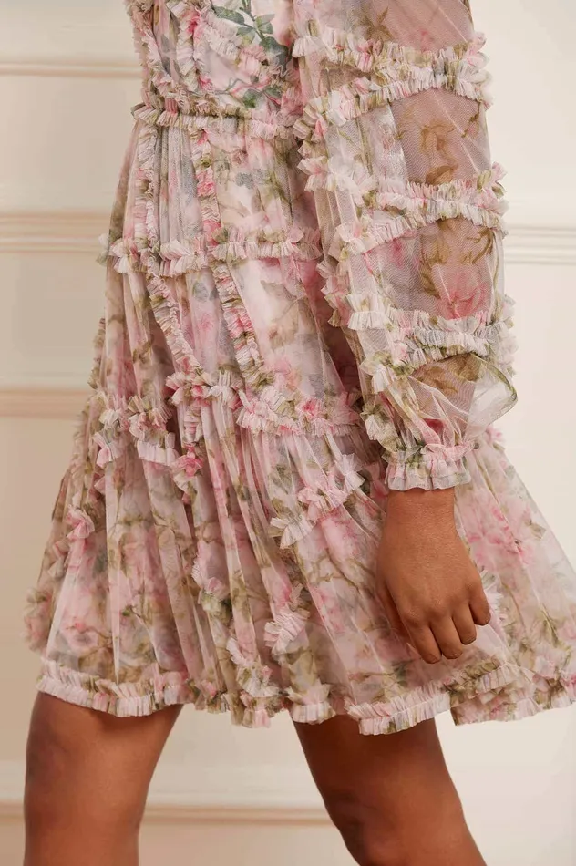 Needle and Thread English Rose Diamond Ruffle Mini Dress Pink Women Printed Dresses