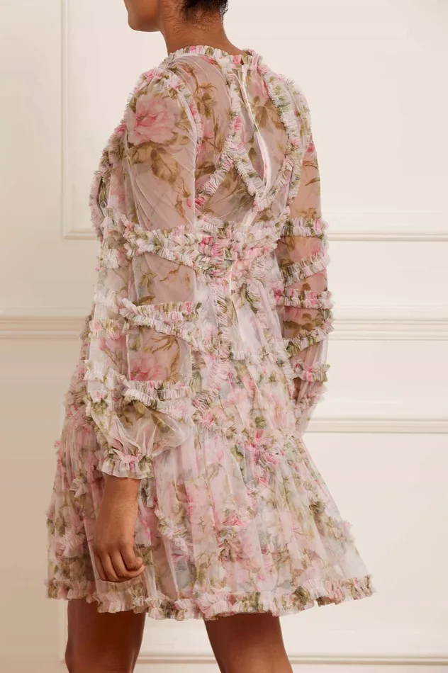 Needle and Thread English Rose Diamond Ruffle Mini Dress Pink Women Printed Dresses