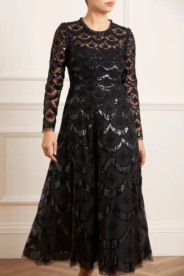 Needle and Thread Fifi Long Sleeve Ankle Gown Black Women Embellished Dresses