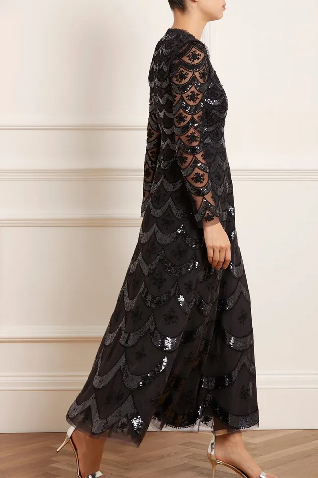 Needle and Thread Fifi Long Sleeve Ankle Gown Black Women Embellished Dresses