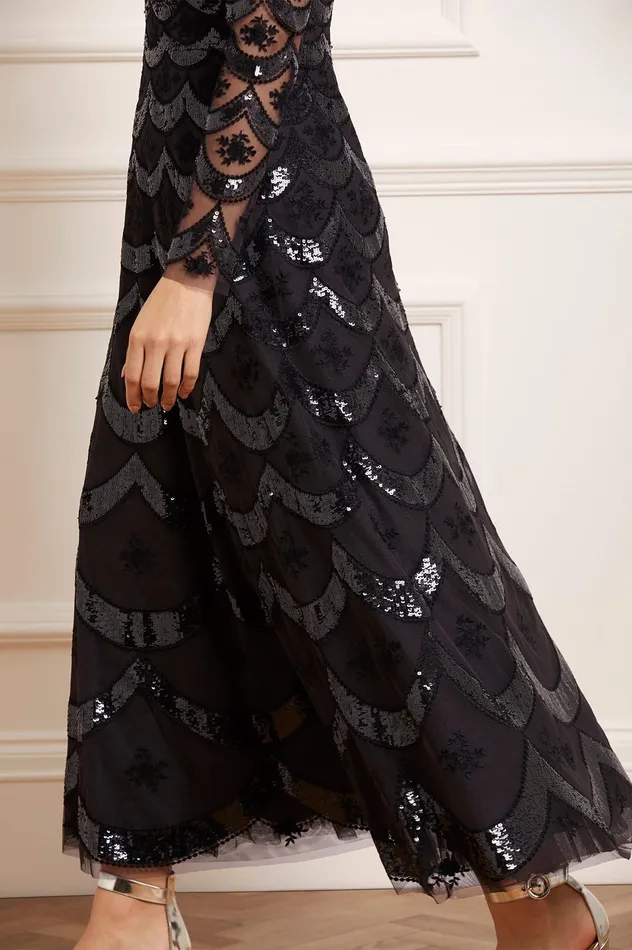 Needle and Thread Fifi Long Sleeve Ankle Gown Black Women Embellished Dresses