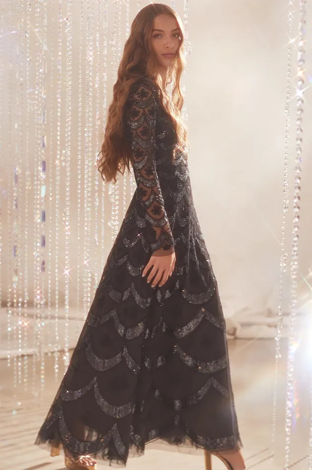 Needle and Thread Fifi Long Sleeve Ankle Gown Black Women Embellished Dresses