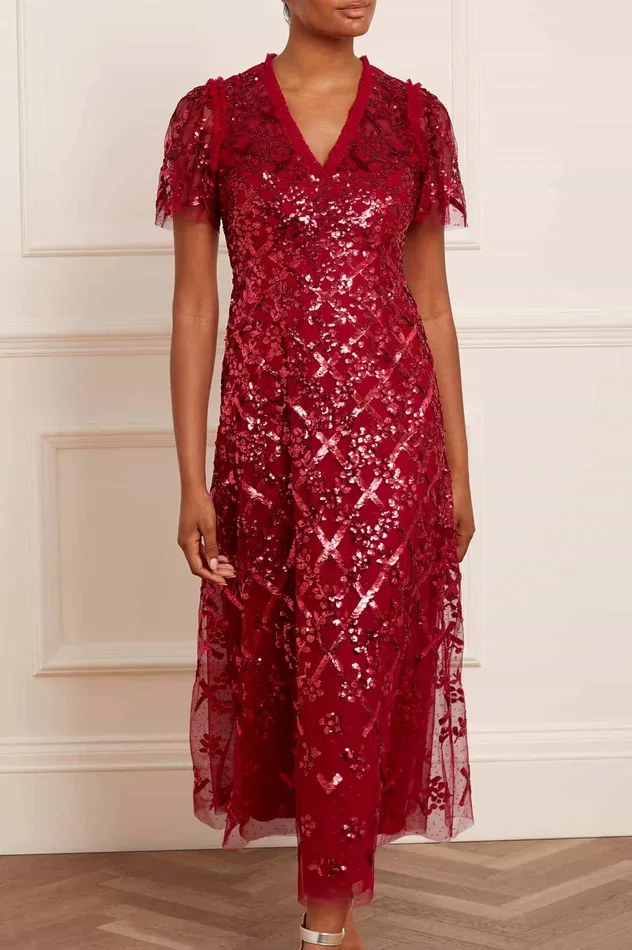 Needle and Thread Garden Lattice Ankle Gown Red Women Embellished Dresses