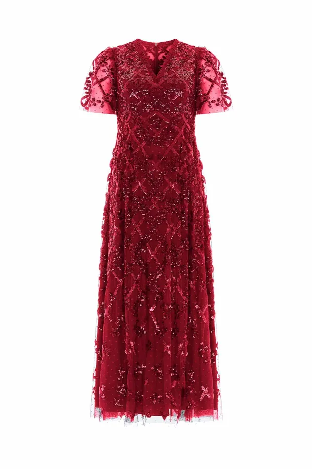 Needle and Thread Garden Lattice Ankle Gown Red Women Embellished Dresses