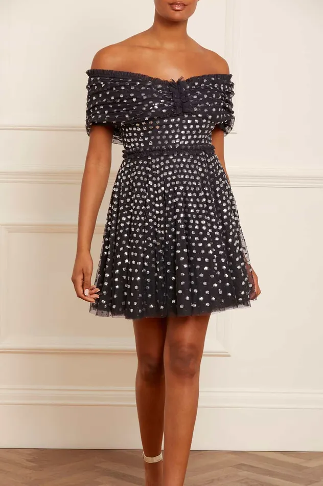Needle and Thread Grace Gloss OffShoulder Micro Mini Dress Black Women Evening Dresses