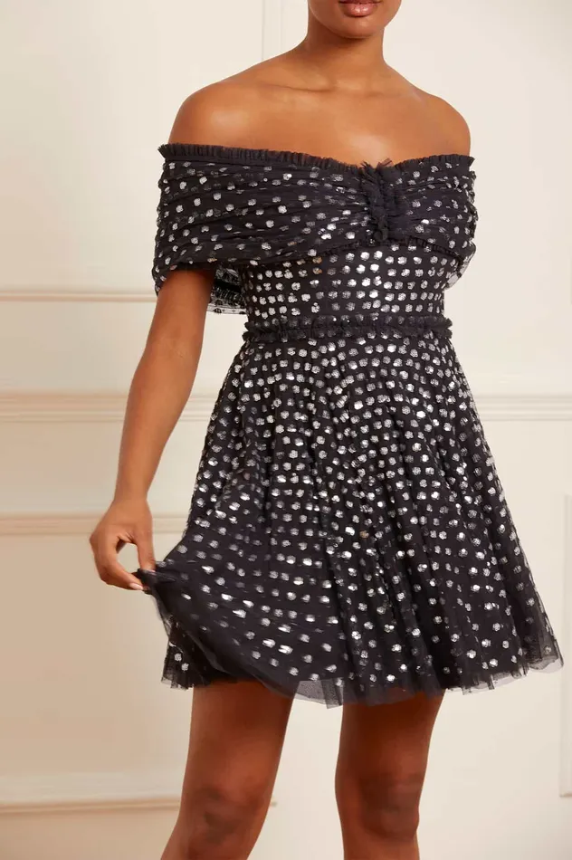 Needle and Thread Grace Gloss OffShoulder Micro Mini Dress Black Women Evening Dresses