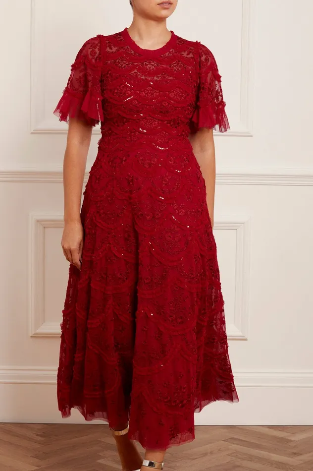 Needle and Thread Lily Bloom Ankle Gown Red Women Embellished Dresses