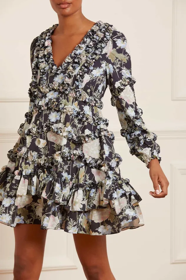 Needle and Thread Moonlight Petals VNeck Crepe Micro Mini Dress Black Women Day Dresses