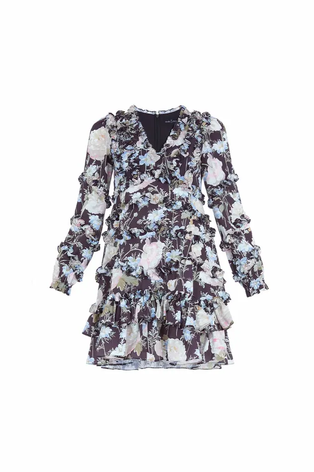 Needle and Thread Moonlight Petals VNeck Crepe Micro Mini Dress Black Women Day Dresses