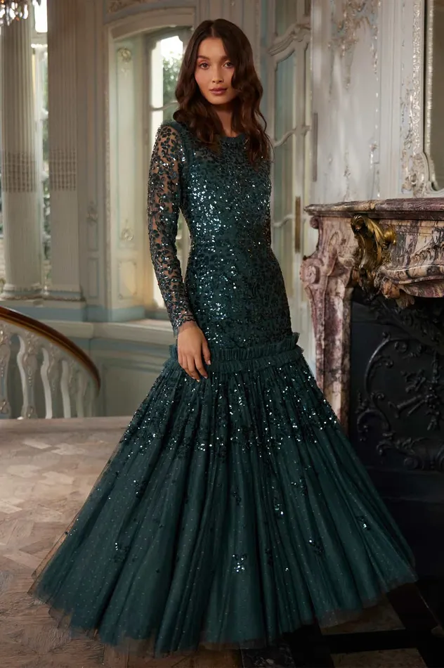 Needle and Thread Regal Rose Long Sleeve Gown Green Women Evening Dresses