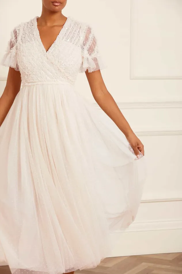 Needle and Thread Spiral Sequin Bodice VNeck Ankle Gown Champagne Women Embellished Dresses