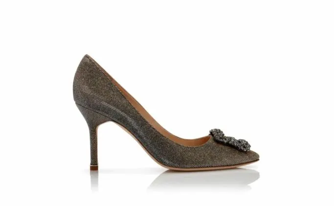 Pumps Women Manolo Blahnik HANGISI GLITTER 90Gold Glitter Fabric Jewel Buckle Pumps
