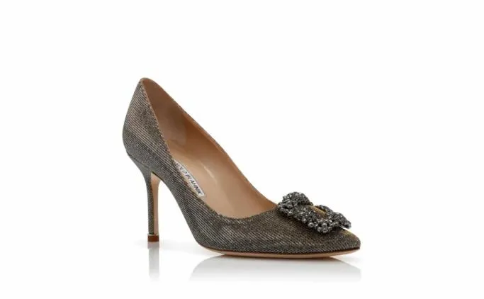Pumps Women Manolo Blahnik HANGISI GLITTER 90Gold Glitter Fabric Jewel Buckle Pumps