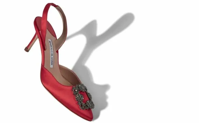 Pumps Women Manolo Blahnik HANGISLIRed Satin Jewel Buckle Slingback Pumps