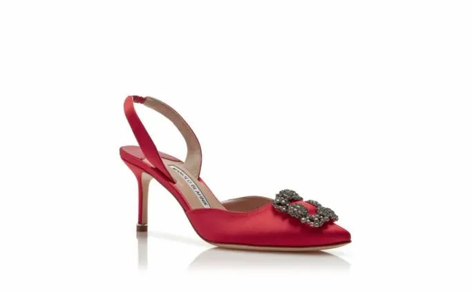 Pumps Women Manolo Blahnik HANGISLIRed Satin Jewel Buckle Slingback Pumps Pumps Women Manolo Blahnik HANGISLIRed Satin Jewel Buckle Slingback Pumps
