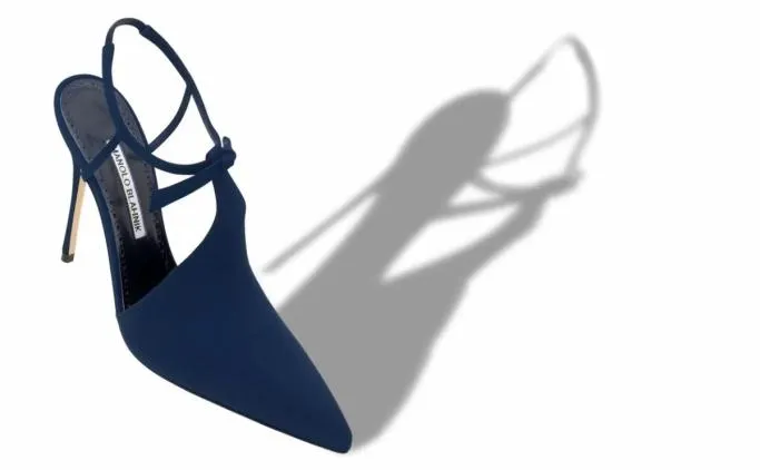 Pumps Women Manolo Blahnik HORNANavy Blue Crepe De Chine Ankle Strap Mules