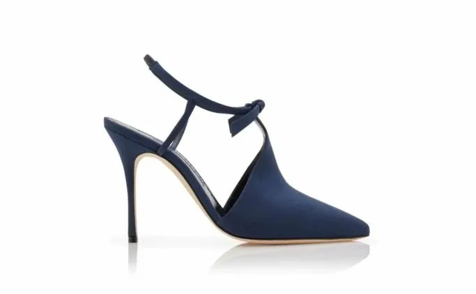 Pumps Women Manolo Blahnik HORNANavy Blue Crepe De Chine Ankle Strap Mules Pumps Women Manolo Blahnik HORNANavy Blue Crepe De Chine Ankle Strap Mules