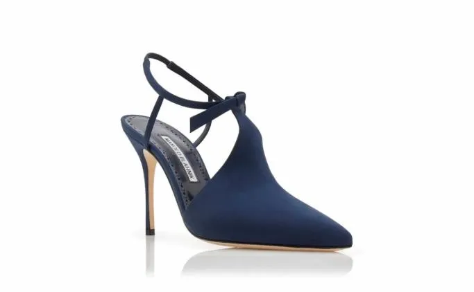 Pumps Women Manolo Blahnik HORNANavy Blue Crepe De Chine Ankle Strap Mules Pumps Women Manolo Blahnik HORNANavy Blue Crepe De Chine Ankle Strap Mules