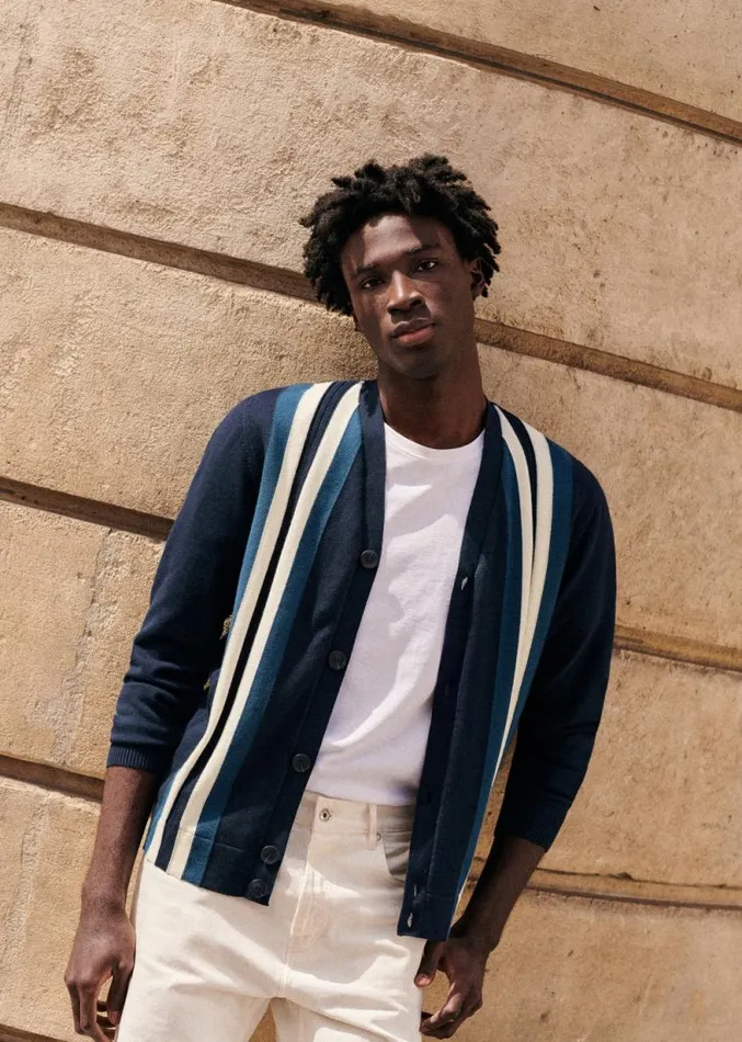 Szane Knitwear Mens Ashby Cardigan Navy Ecru Blue