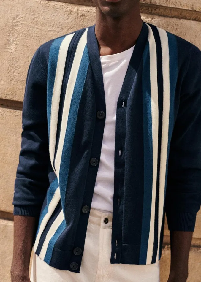 Szane Knitwear Mens Ashby Cardigan Navy Ecru Blue