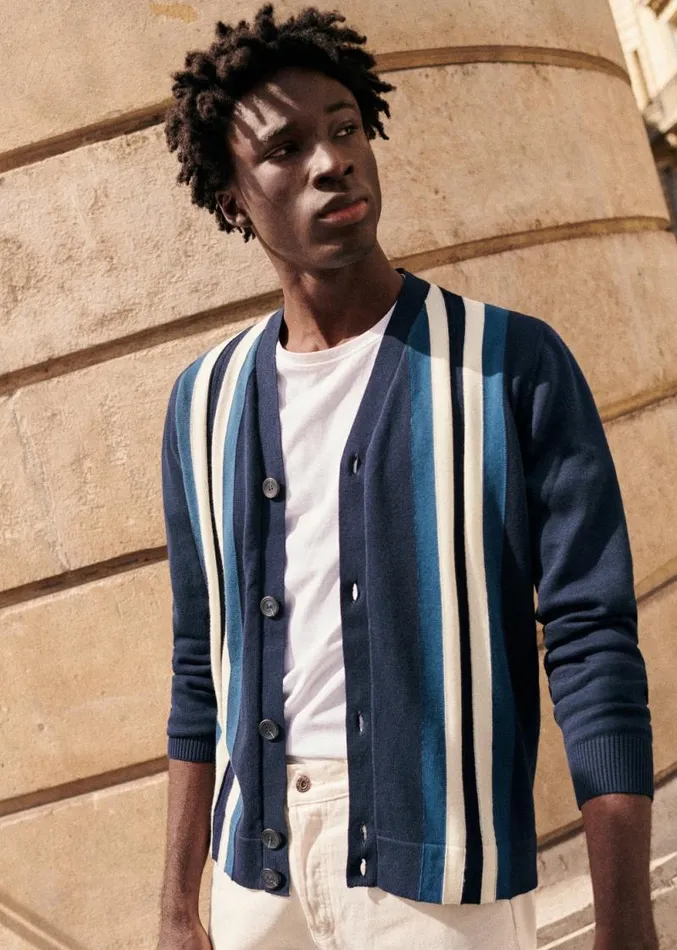 Szane Knitwear Mens Ashby Cardigan Navy Ecru Blue