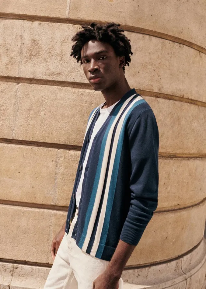 Szane Knitwear Mens Ashby Cardigan Navy Ecru Blue