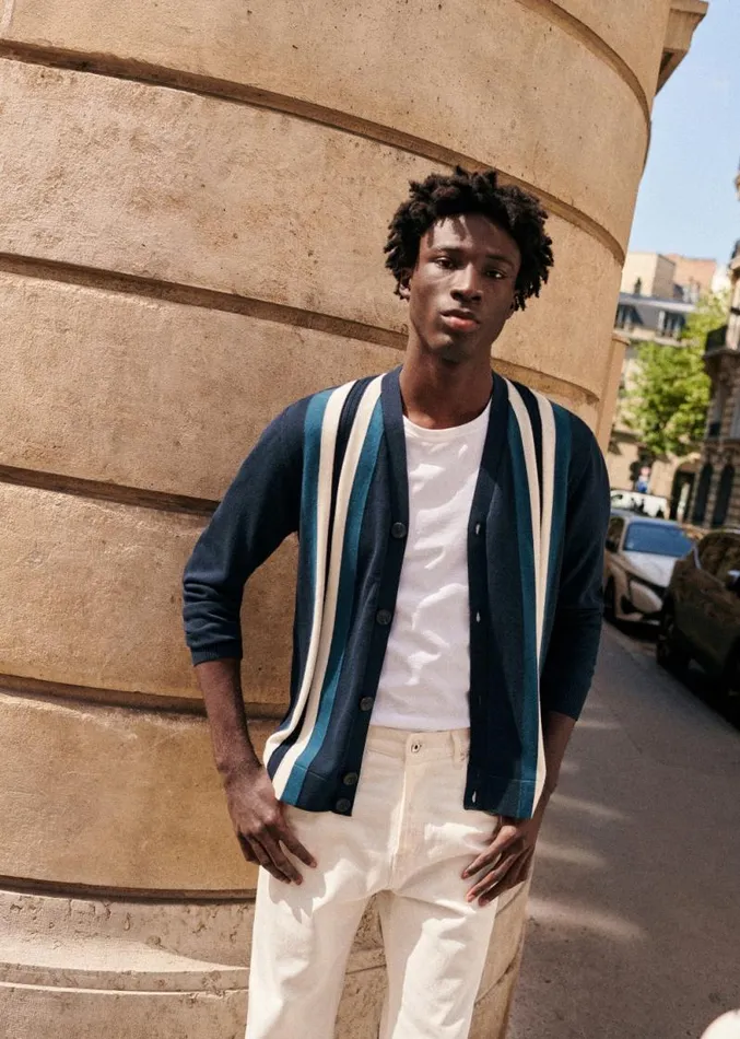 Szane Knitwear Mens Ashby Cardigan Navy Ecru Blue
