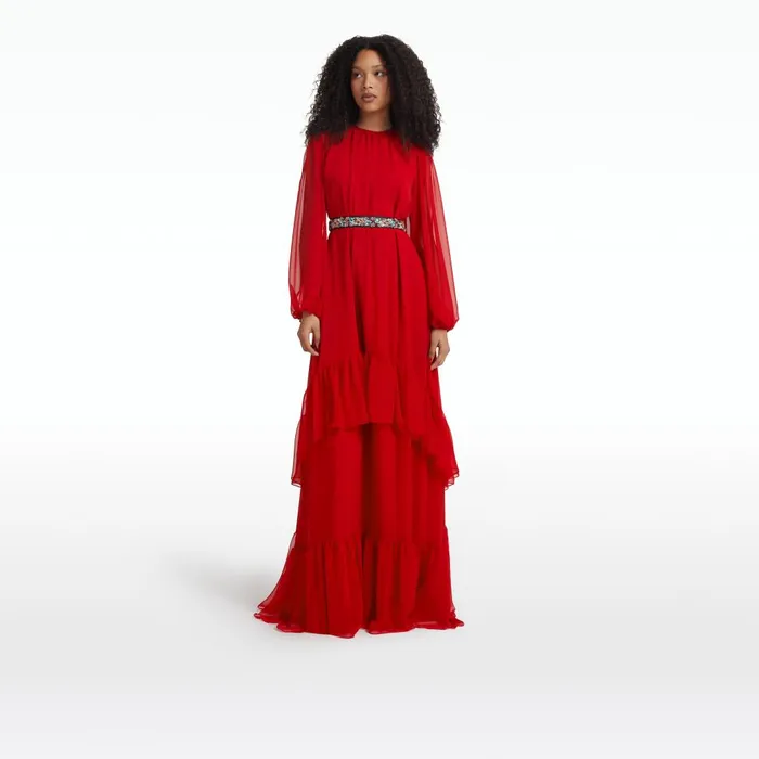 Safiyaa Affiyah Lacquer Red Long Dress With Embroidered Belt Women Dresses