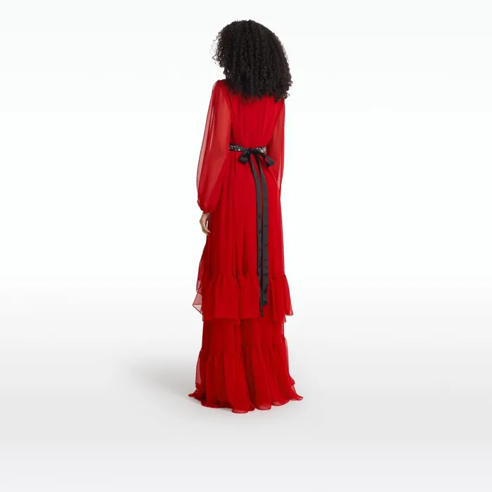 Safiyaa Affiyah Lacquer Red Long Dress With Embroidered Belt Women Dresses