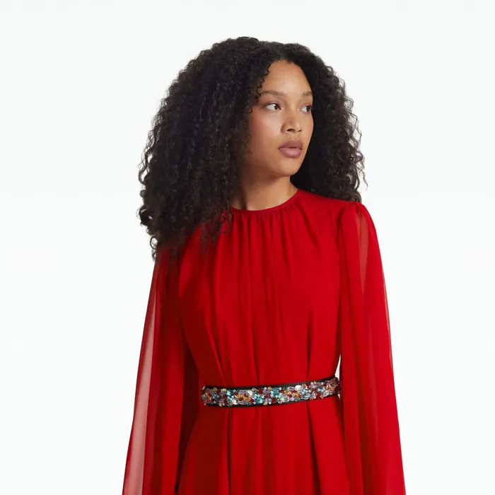Safiyaa Affiyah Lacquer Red Long Dress With Embroidered Belt Women Dresses