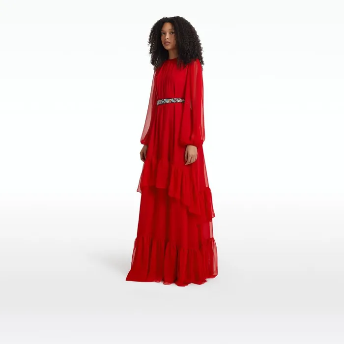 Safiyaa Affiyah Lacquer Red Long Dress With Embroidered Belt Women Dresses