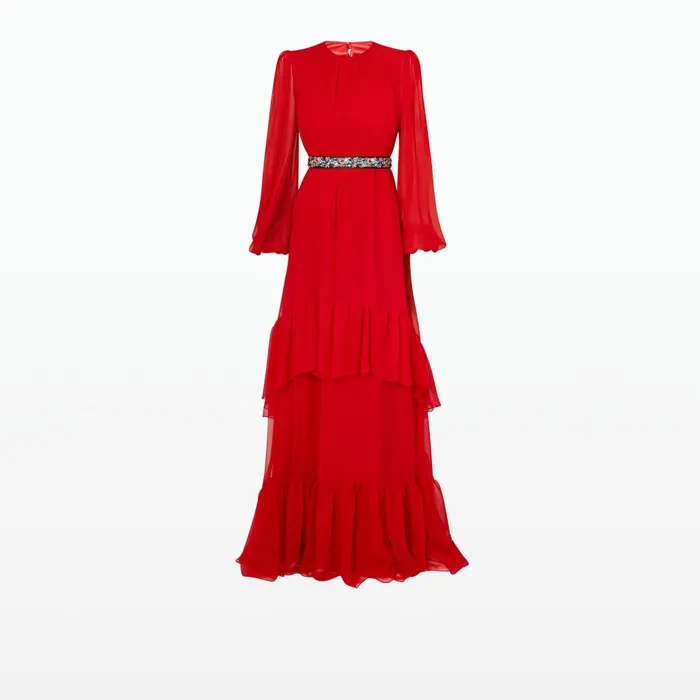Safiyaa Affiyah Lacquer Red Long Dress With Embroidered Belt Women Dresses