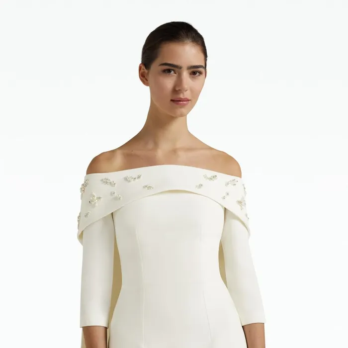 Safiyaa Bellara Pearl Floral Embroidered Ivory Harness and Soshin Dress Women Capes and Harnesses