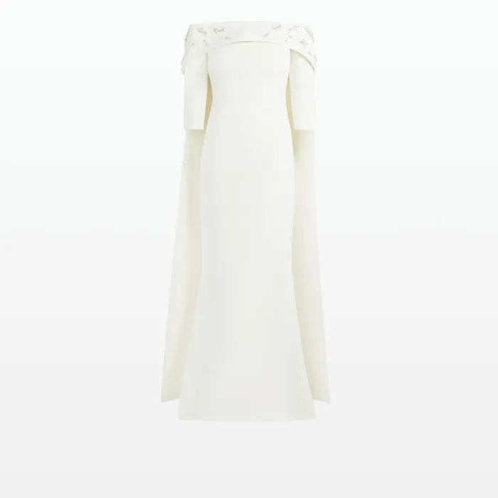 Safiyaa Bellara Pearl Floral Embroidered Ivory Harness and Soshin Dress Women Capes and Harnesses