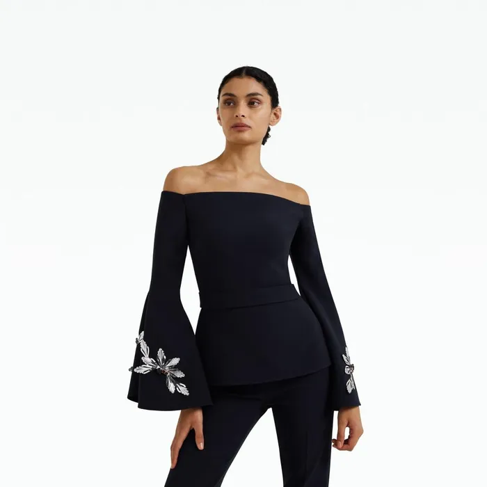 Safiyaa Priela Midnight Navy Embroidered Top Women Tops