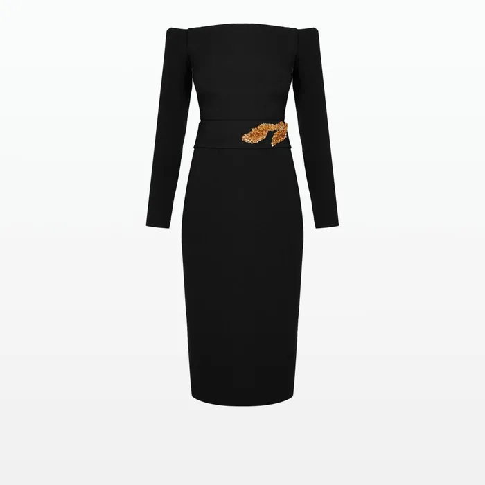 Safiyaa Starling Black Embroidered Midi Dress Women Dresses