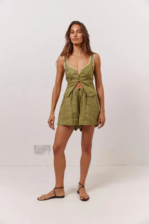 Sleeveless Women VRG GRL Love Language Linen Button Front Top Olive Sleeveless Women VRG GRL Love Language Linen Button Front Top Olive