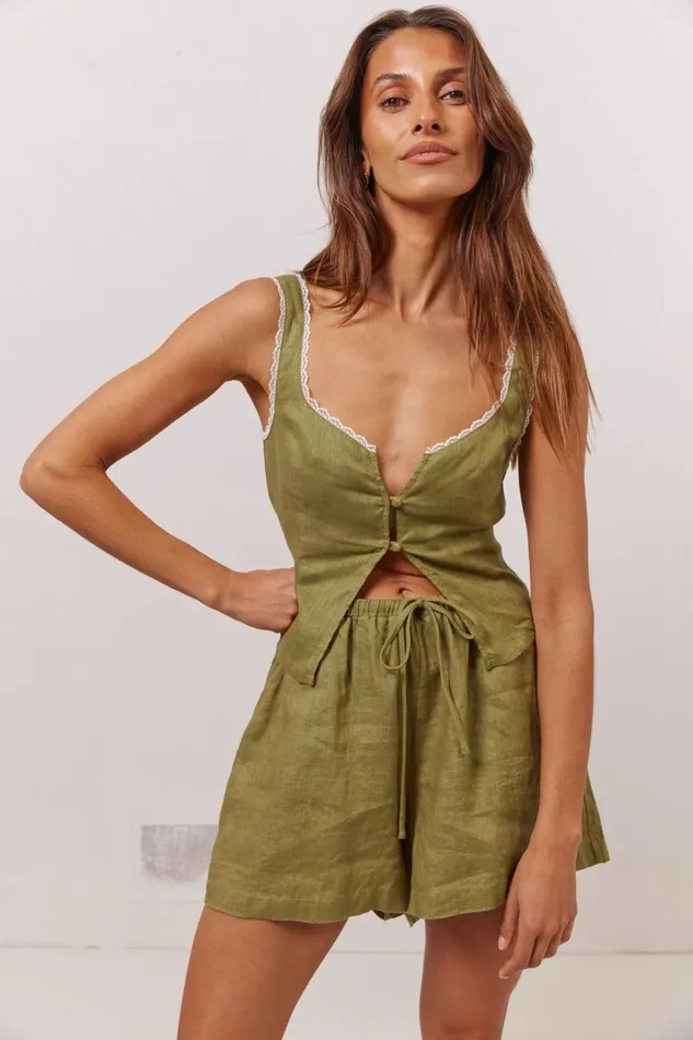 Sleeveless Women VRG GRL Love Language Linen Button Front Top Olive Sleeveless Women VRG GRL Love Language Linen Button Front Top Olive