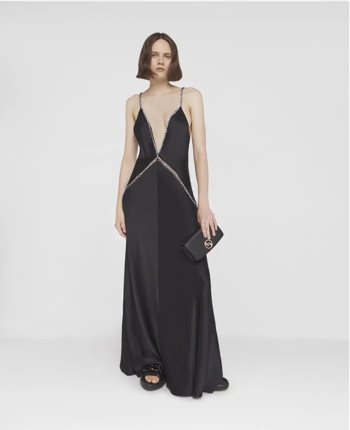 Stella McCartney Crystal Frame Double Satin ALine Maxi Dress Black Women Dresses Stella McCartney Crystal Frame Double Satin ALine Maxi Dress Black Women Dresses