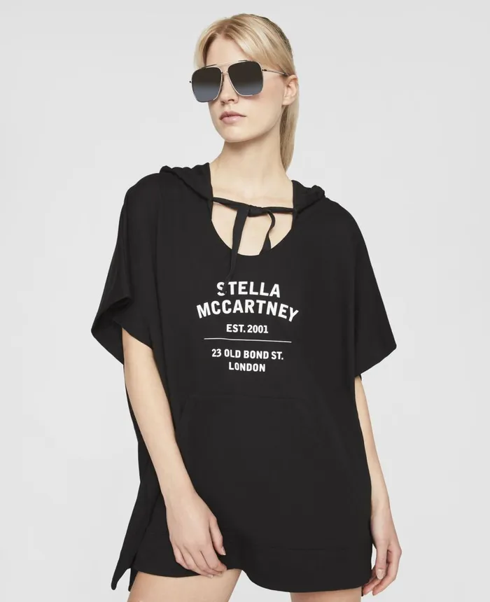 Stella McCartney Old Bond Steet Logo Cotton Poncho Black Women Swimwear
