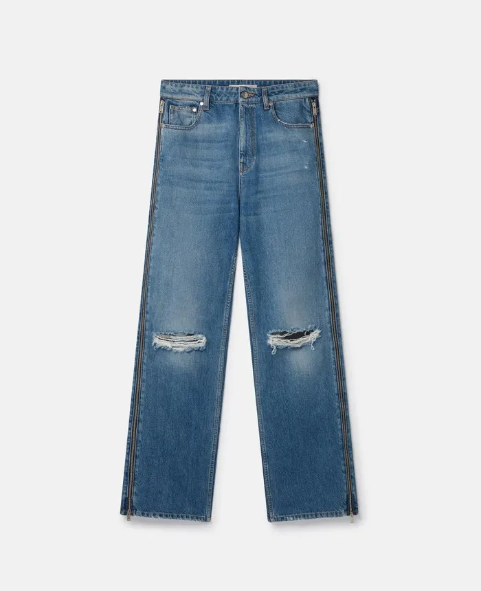 Stella McCartney Vintage Wash Zip Straight Leg Jeans Mid Blue Women Trousers And Shorts