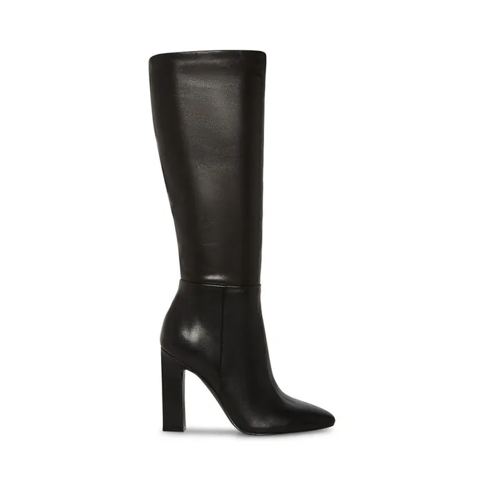 Steve Madden Archers Black Leather Wide Calf Womens Boots and Booties