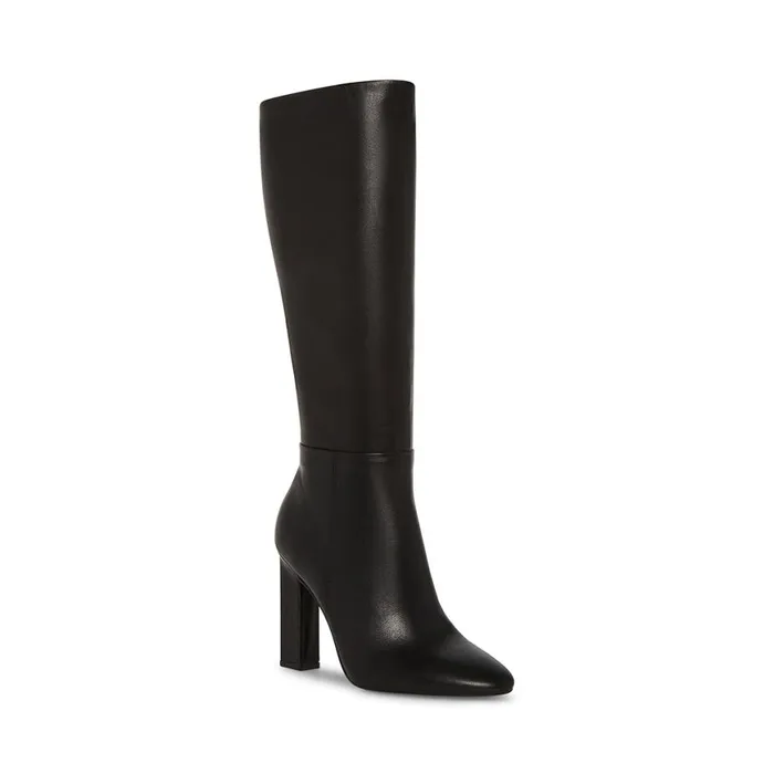 Steve Madden Archers Black Leather Wide Calf Womens Boots and Booties