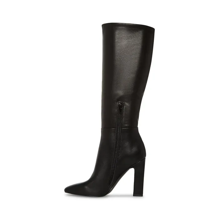 Steve Madden Archers Black Leather Wide Calf Womens Boots and Booties