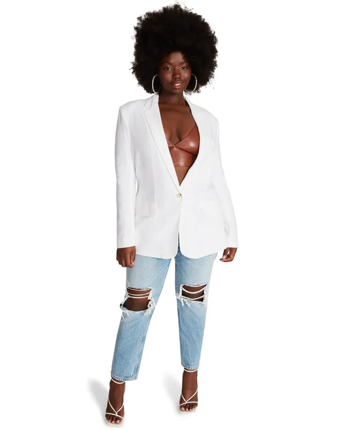 Steve Madden Linen On The Edge Blazer White Womens Jackets and Coats