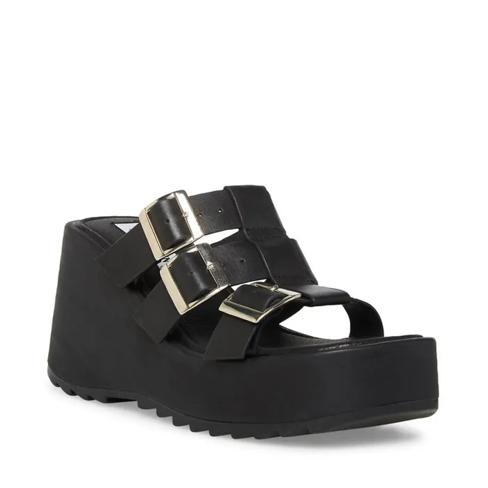 Steve Madden Pierce Black Leather Womens Sandals