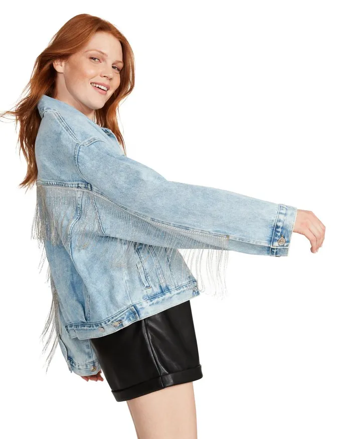 Steve Madden Sienna Denim Jacket Rhinestones Womens Jackets and Coats